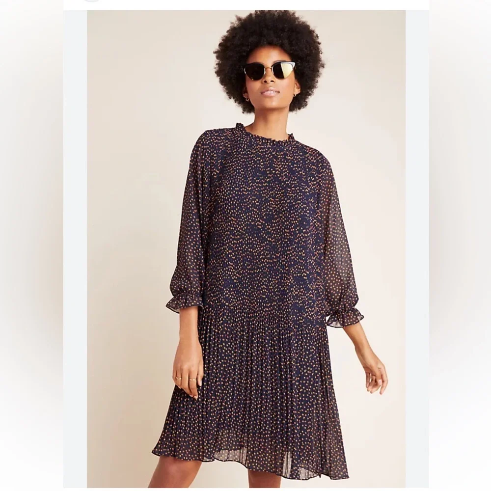 🆕NWT Women’s Anthropologie Seen Worn Kept Vega Pleated Mini Dress Navy Size 6 - Picture 1 of 14